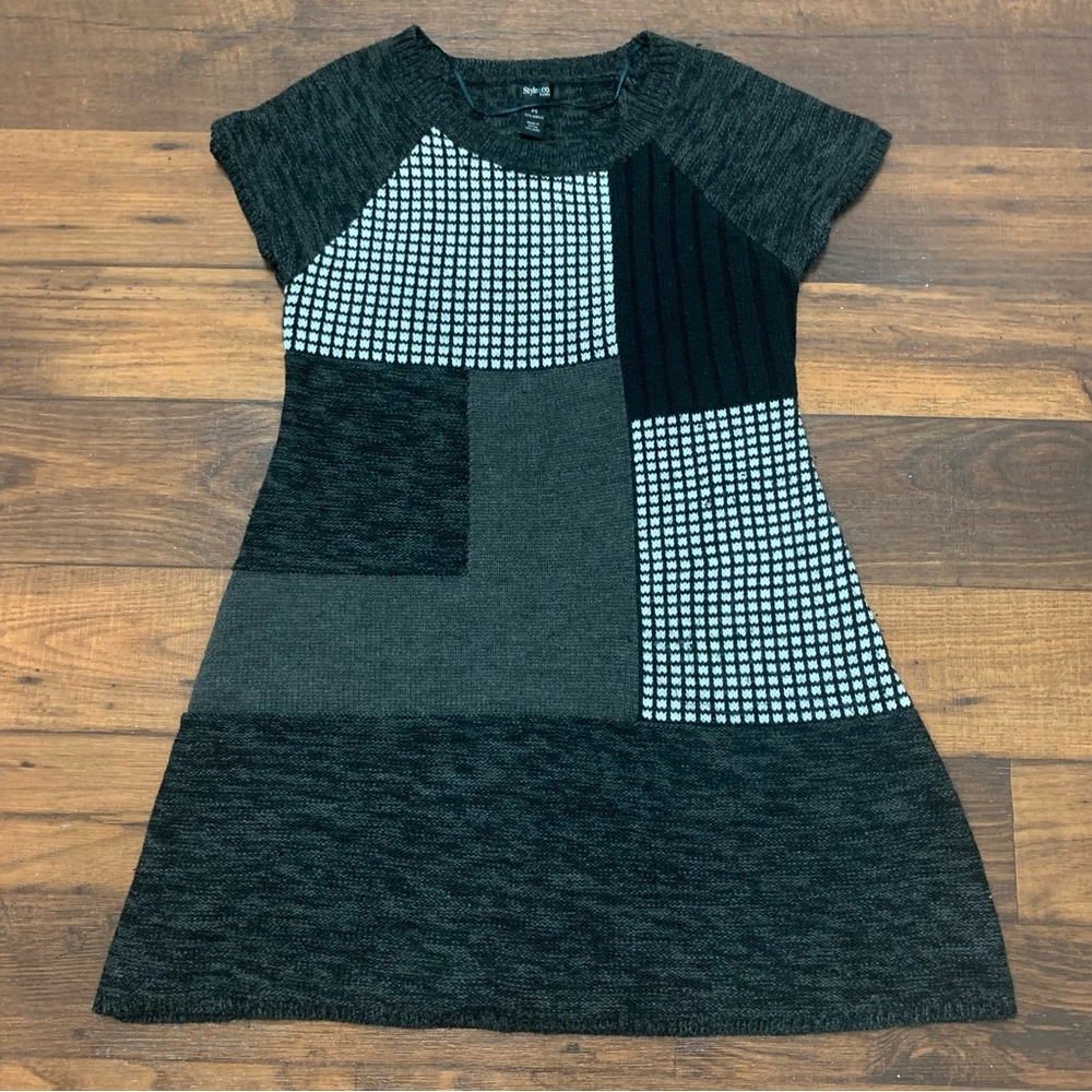 Style & Co Gray Block Knit Sweater Dress Women’s Sz PS Short Sleeve Scoop Neck